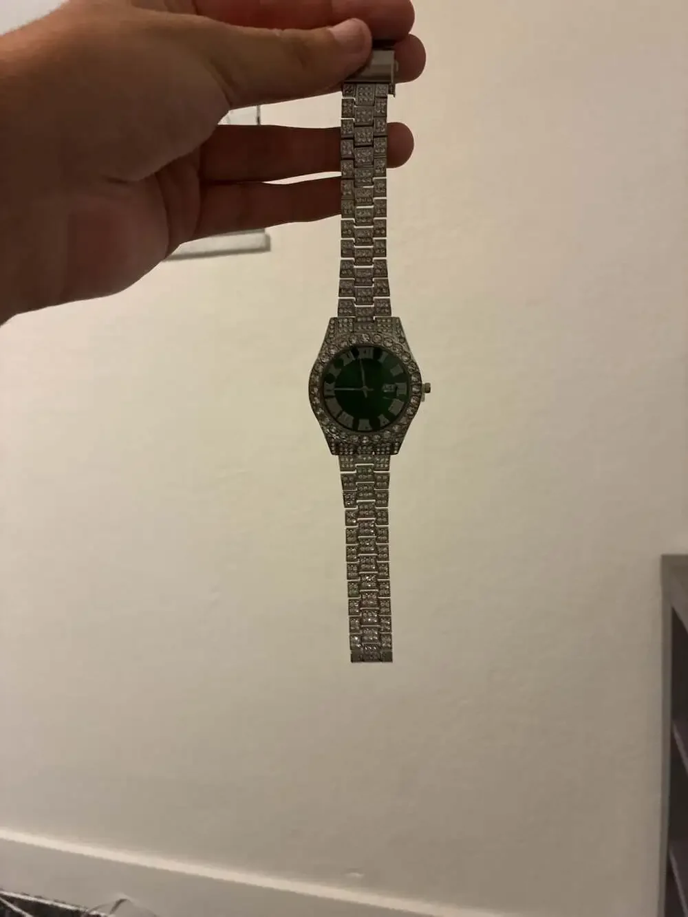 Fashion Green Dial Silver Crystal Mens Watch